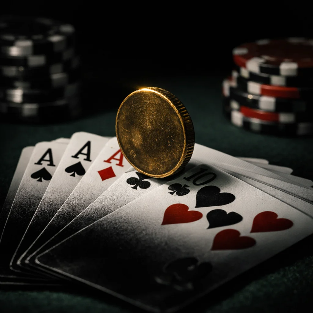 Uitgewaaierde speelkaarten op donkere pokertafel met goudkleurig licht
